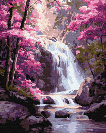 Picturi pe numere - Set pictura pe numere, cu sasiu, Cascada din padurea roz, 40x50 cm