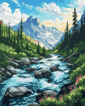 Dimensiune clasica 40x50cm - Set pictura pe numere, cu sasiu, Rau de munte, 40x50 cm