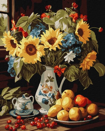 Set pictura pe numere, cu sasiu, Natura statica cu floarea soarelui, 40x50 cm [0]