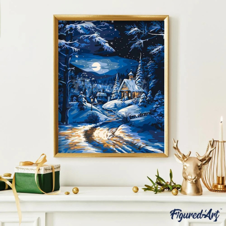Set pictura pe numere, cu sasiu, Casuta in lumina lunii iarna, 40x50 cm [2]