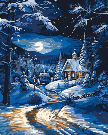 Picturi pe numere - Set pictura pe numere, cu sasiu, Casuta in lumina lunii iarna, 40x50 cm
