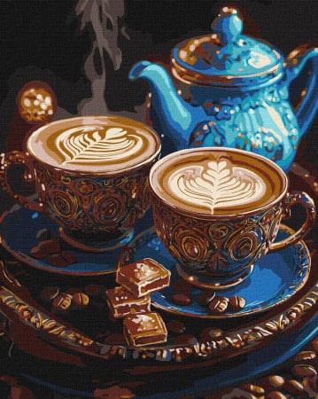 Dimensiune clasica 40x50cm - Set pictura pe numere, cu sasiu, Cafea si ciocolata - extra culori metalizate, 40x50 cm