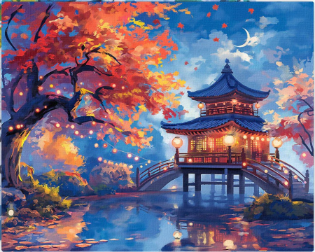 Dimensiune clasica 40x50cm - Set pictura pe numere, cu sasiu, Pagoda in noaptea de toamna, 40x50 cm