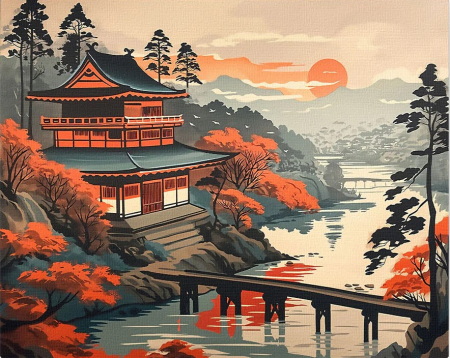 Dimensiune clasica 40x50cm - Set pictura pe numere, cu sasiu, Vedere vintage cu pagoda, 40x50 cm