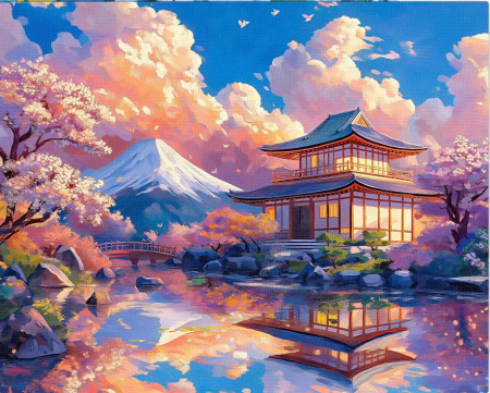 Dimensiune clasica 40x50cm - Set pictura pe numere, cu sasiu, Vedere cu templu si muntele Fuji, 40x50 cm