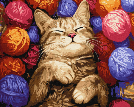 Dimensiune clasica 40x50cm - Set pictura pe numere, cu sasiu, Pisica si ghemurile, 40x50 cm