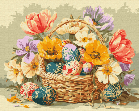 Picturi pe numere - Set pictura pe numere, cu sasiu,  Cos cu flori si oua, 40x50 cm