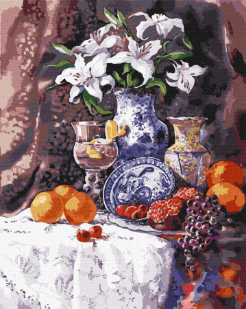 Dimensiune clasica 40x50cm - Set pictura pe numere, cu sasiu, Crini albi ca zapada - Catrin Bespaliuc, 40x50 cm
