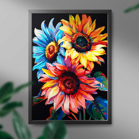 Set pictura pe numere, cu sasiu, Floarea soarelui colorata - canvas negru, 40x50 cm [2]