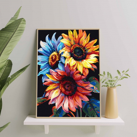 Set pictura pe numere, cu sasiu, Floarea soarelui colorata - canvas negru, 40x50 cm [3]