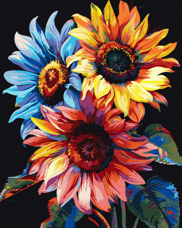 Dimensiune clasica 40x50cm - Set pictura pe numere, cu sasiu, Floarea soarelui colorata - canvas negru, 40x50 cm