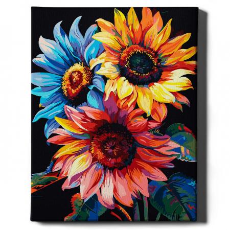 Set pictura pe numere, cu sasiu, Floarea soarelui colorata - canvas negru, 40x50 cm [1]