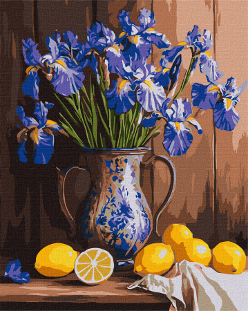 Dimensiune clasica 40x50cm - Set pictura pe numere, cu sasiu, Irisi in vaza si lamai, 40x50 cm