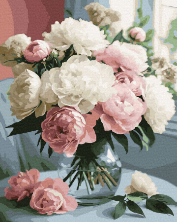 Picturi pe numere - Set pictura pe numere, cu sasiu, Bujori, 40x50 cm