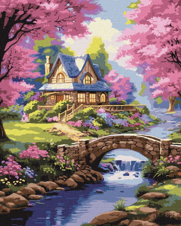 Set pictura pe numere, cu sasiu, Casa inconjurata de flori, 40x50 cm [0]
