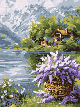 Dimensiuni medii si mici - Set pictura pe numere, cu sasiu, Cos cu liliac, 30x40 cm