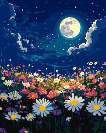 Picturi pe numere 40x50 cm – modele variate pentru toate gusturile - Set pictura pe numere, cu sasiu, Noapte mistica peste camp de flori, 40x50 cm