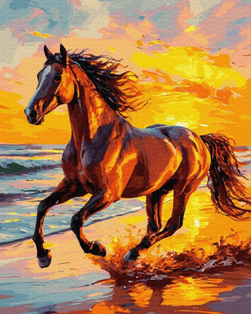 Picturi pe numere 40x50 cm – modele variate pentru toate gusturile - Set pictura pe numere, cu sasiu, Galop sub cer de chihlimbar, 40x50 cm