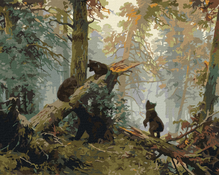 Set pictura pe numere, cu sasiu, Dimineata in padurea de pini - I. Shishkin si K. Savitsky, 40x50 cm [0]