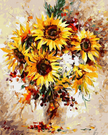 Picturi pe numere - Set pictura pe numere, cu sasiu, Buchet de floarea soarelui - Leonid Afremov, 40x50 cm