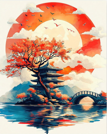 Dimensiune clasica 40x50cm - Set pictura pe numere, cu sasiu, Pagoda in rasarit de soare, 40x50 cm