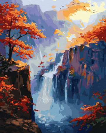 Dimensiune clasica 40x50cm - Set pictura pe numere, cu sasiu, Cascada toamna, 40x50 cm