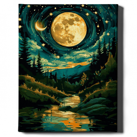 Set pictura pe numere, cu sasiu,  Luna si padurea- canvas negru, 40x50 cm [1]