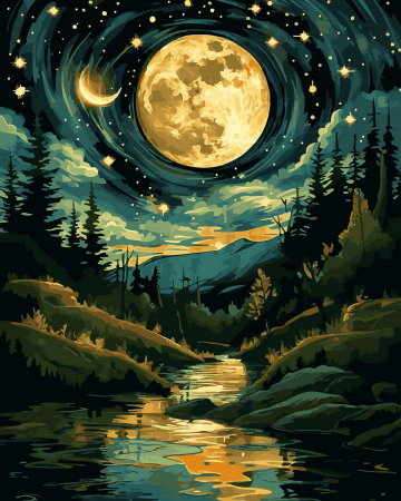 Dimensiune clasica 40x50cm - Set pictura pe numere, cu sasiu,  Luna si padurea- canvas negru, 40x50 cm