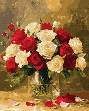 Picturi pe numere - Set pictura pe numere, cu sasiu, Trandafiri albi si rosii, 40x50 cm
