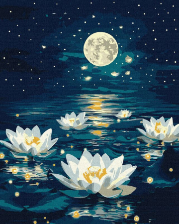 Dimensiune clasica 40x50cm - Set pictura pe numere, cu sasiu, Lotusi sub lumina lunii - extra culori metalizate, 40x50 cm