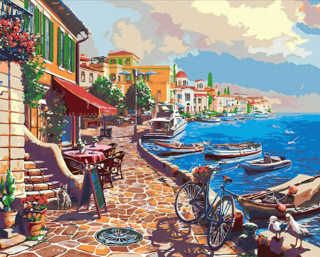 Picturi pe numere 40x50 cm – modele variate pentru toate gusturile - Set pictura pe numere, cu sasiu, Faleza mediteraneana, 40x50 cm
