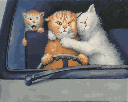 Picturi pe numere - Set pictura pe numere, cu sasiu, Familie de pisici, 40x50 cm