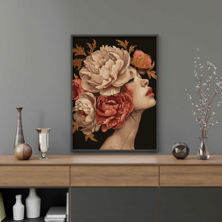 Set pictura pe numere, cu sasiu, Fata cu bujori 2 - canvas negru, 40x50 cm [2]