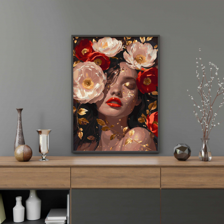 Set pictura pe numere, cu sasiu, Fata cu bujori 4 - canvas negru, 40x50 cm [3]