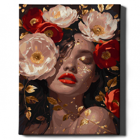 Set pictura pe numere, cu sasiu, Fata cu bujori 4 - canvas negru, 40x50 cm [1]