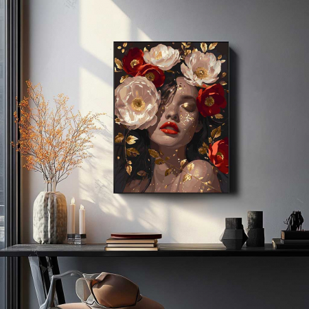 Set pictura pe numere, cu sasiu, Fata cu bujori 4 - canvas negru, 40x50 cm [2]