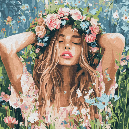Picturi pe numere dimensiuni mici și medii – ușor de realizat, perfecte pentru orice spațiu - Set pictura pe numere, cu sasiu, Fata cu coronita de flori, 40x40 cm