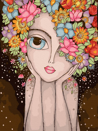 Picturi pe numere - Set pictura pe numere, cu sasiu, Fata cu flori, 30x40 cm