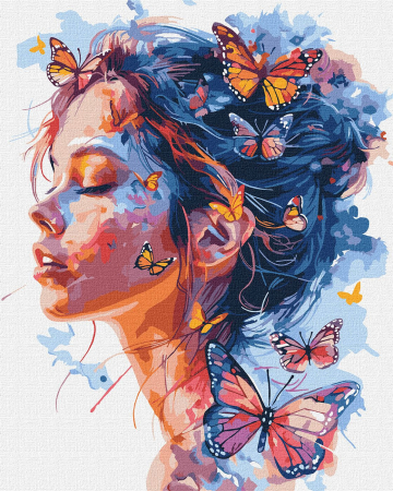 Set pictura pe numere, cu sasiu, Fata si fluturi, 40x50 cm