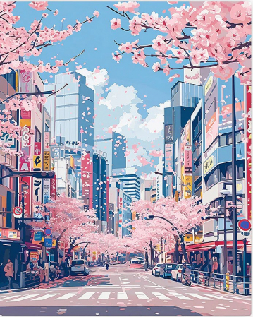 Set pictura pe numere, cu sasiu, Ciresii infloriti din Tokyo, 40x50 cm [0]