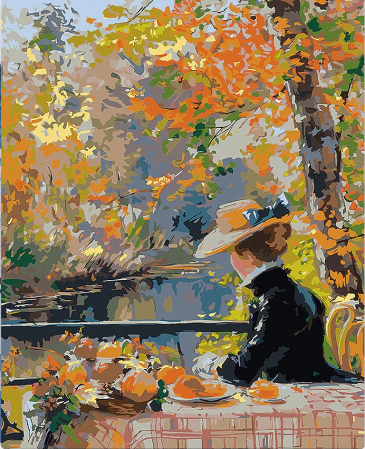 Dimensiune clasica 40x50cm - Set pictura pe numere, cu sasiu, Femeie si toamna, inspiratie Renoir, 40x50 cm