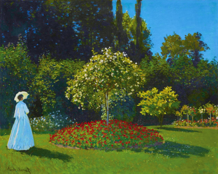 Dimensiune clasica 40x50cm - Set pictura pe numere, cu sasiu, Femeie in alb in gradina - Monet, 40x50