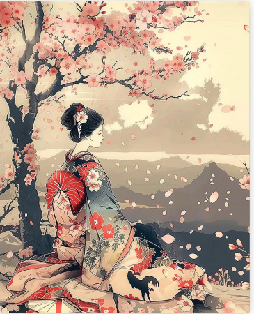 Set pictura pe numere, cu sasiu, Gheisa si sakura, 40x50 cm