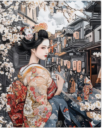 Set pictura pe numere, cu sasiu, Gheisa pe strada medievala, 40x50 cm