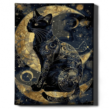 Dimensiune clasica 40x50cm - Set pictura pe numere, cu sasiu, Pisica noptrii - canvas negru, 40x50 cm