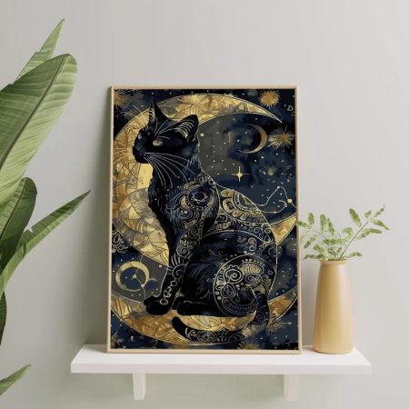 Set pictura pe numere, cu sasiu, Pisica noptrii - canvas negru, 40x50 cm [1]