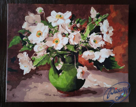 Set pictura pe numere, cu sasiu, Flori albe in ulcior verde, 40x50 cm [1]