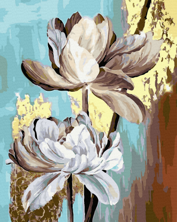Picturi pe numere - Set pictura pe numere, cu sasiu, Flori albe - vopsea aurie, 40x50 cm