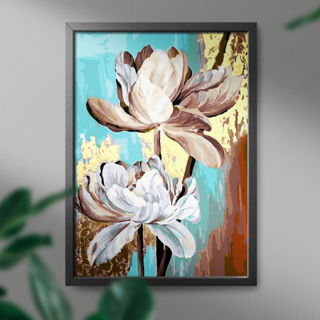 Set pictura pe numere, cu sasiu, Flori albe - vopsea aurie, 40x50 cm [2]