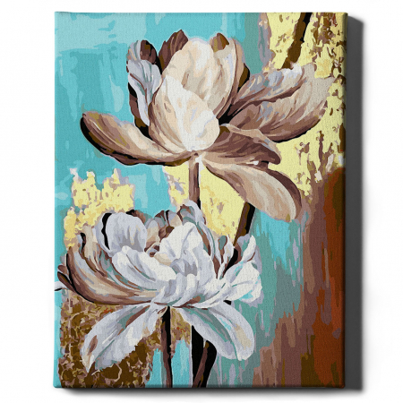 Set pictura pe numere, cu sasiu, Flori albe - vopsea aurie, 40x50 cm [1]
